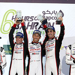 The winners of the 6 Hours of Bahrain: Anthony Davidson, Sébastien Buemi and Kazuki Nakajima