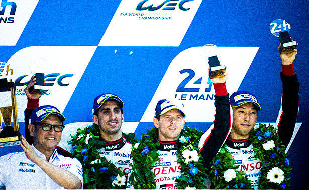 President Toyoda and 3 drivers of TS050 HYBRID #8 on the podium
