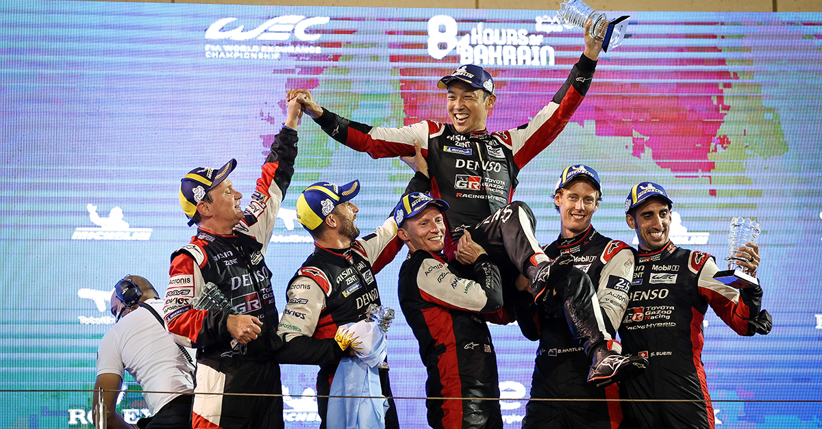 Jose Maria Lopez, Mike Conway, Kazuki Nakajima, Brendon Hartley, Sébastien Buemi on the podium