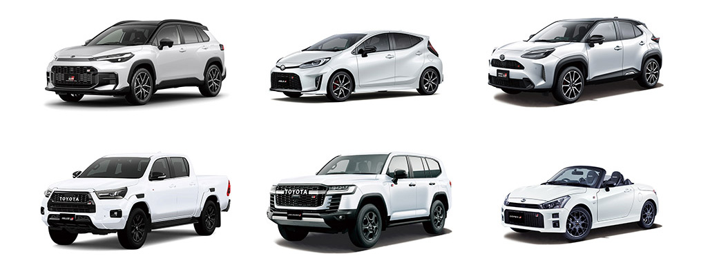 上段：左から、カローラ クロス GR SPORT、アクア GR SPORT、ヤリス クロス GR SPORT、下段：ハイラックス GR SPORT、ランドクルーザー GR SPORT、コペン GR SPORT
