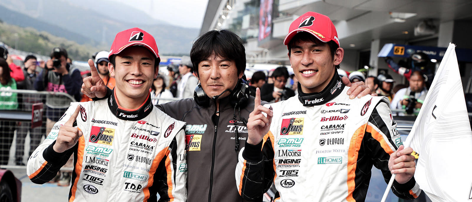 Winning drivers Yuichi Nakayama and Sho Tsuboi and Team Manager Masahiko Kageyama of LMcorsa at Fuji, Round 2 of the 2017 SUPER GT season