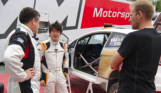 Arai with co-driver Glenn and chief instructor Jouni Ampuja at test session.