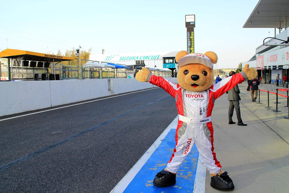 ピットレーンでポーズをとるトヨタ くま吉