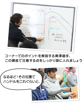 コーナーでのポイントを解説する黒澤選手。この講座で注意する点をしっかり頭に入れましょう。