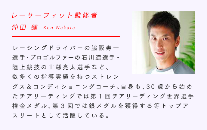 レーサーフィット監修者 仲田 健 Ken Nakata レーシングドライバーの脇阪寿一選手・プロゴルファーの石川遼選手・陸上競技の山縣亮太選手など、数多くの指導実績を持つストレングス＆コンディショニングコーチ。自身も、30歳から始めたチアリーディングでは第１回チアリーディング世界選手権金メダル、第3回では銀メダルを獲得する等トップアスリートとして活躍している。