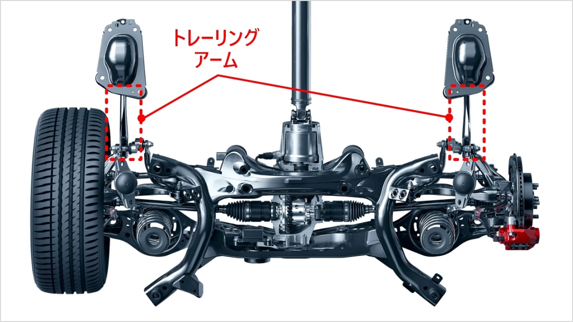GRヤリスリア部のトレーリングアームの装着位置